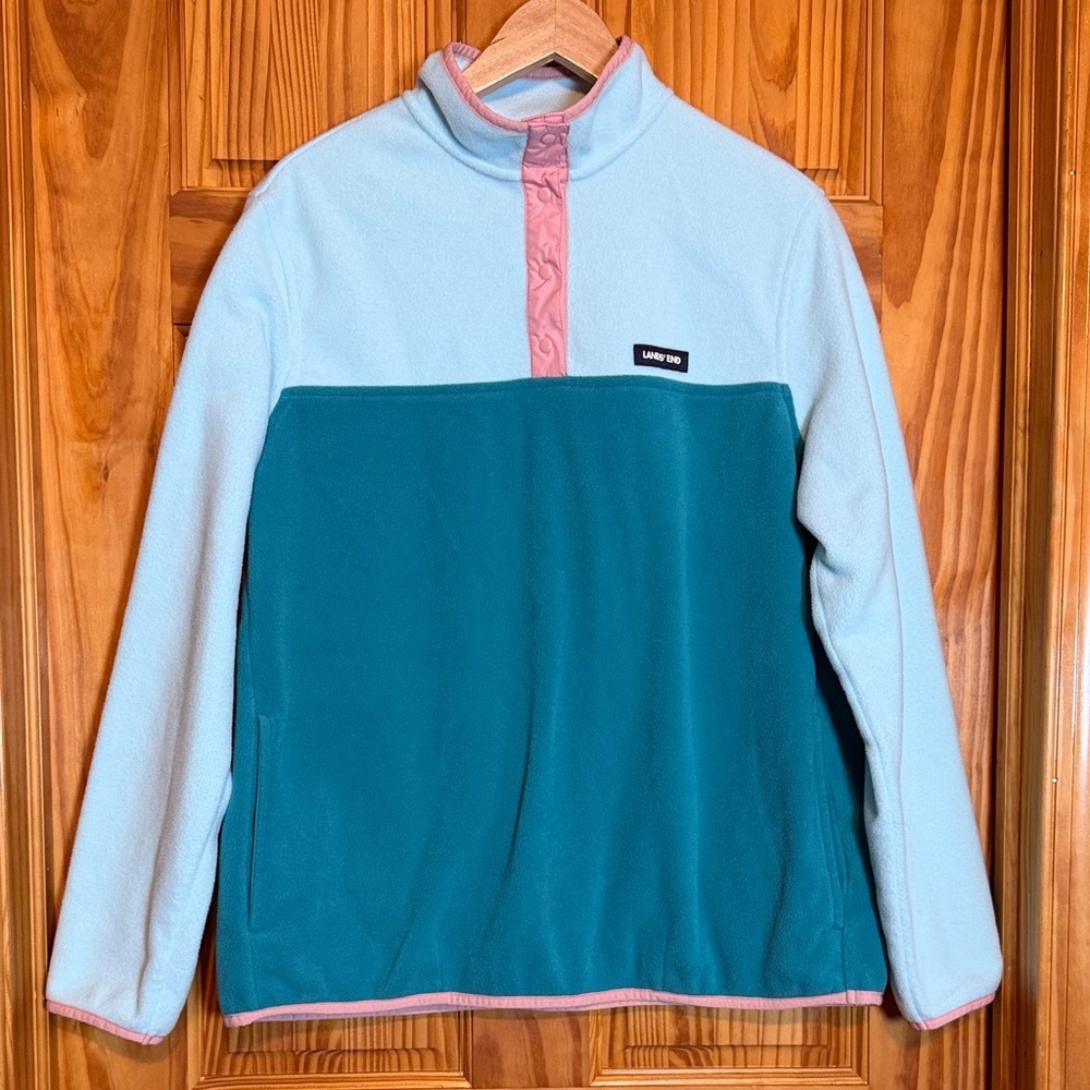 Lands' End Soft Blue and Teal Fleece Long Sleeve Pullover with Pink Accents